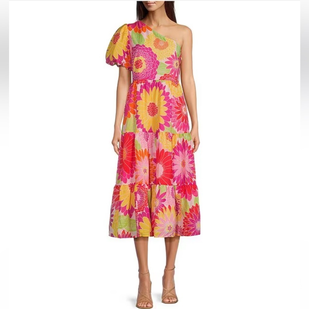 J.Marie Leilani One Shoulder Short Puffed Sleeve Tiered Midi Dress NWT - Picture 1 of 4